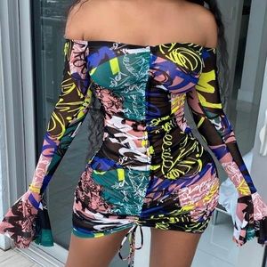 Off The Shoulder Print Drawstring Mini Dress
